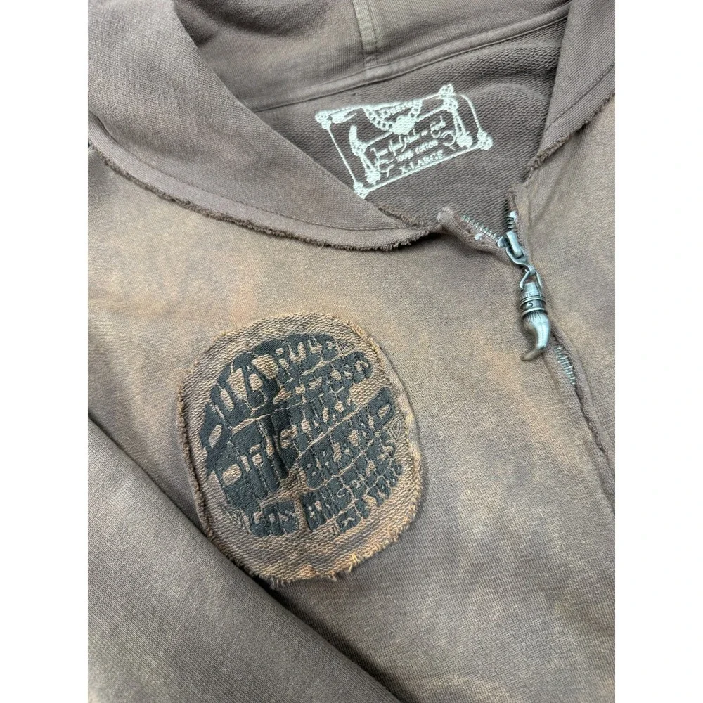 Vintage True Religion Hoodie Men's XL Brown Y2K Full Zip Distressed Made Mexico